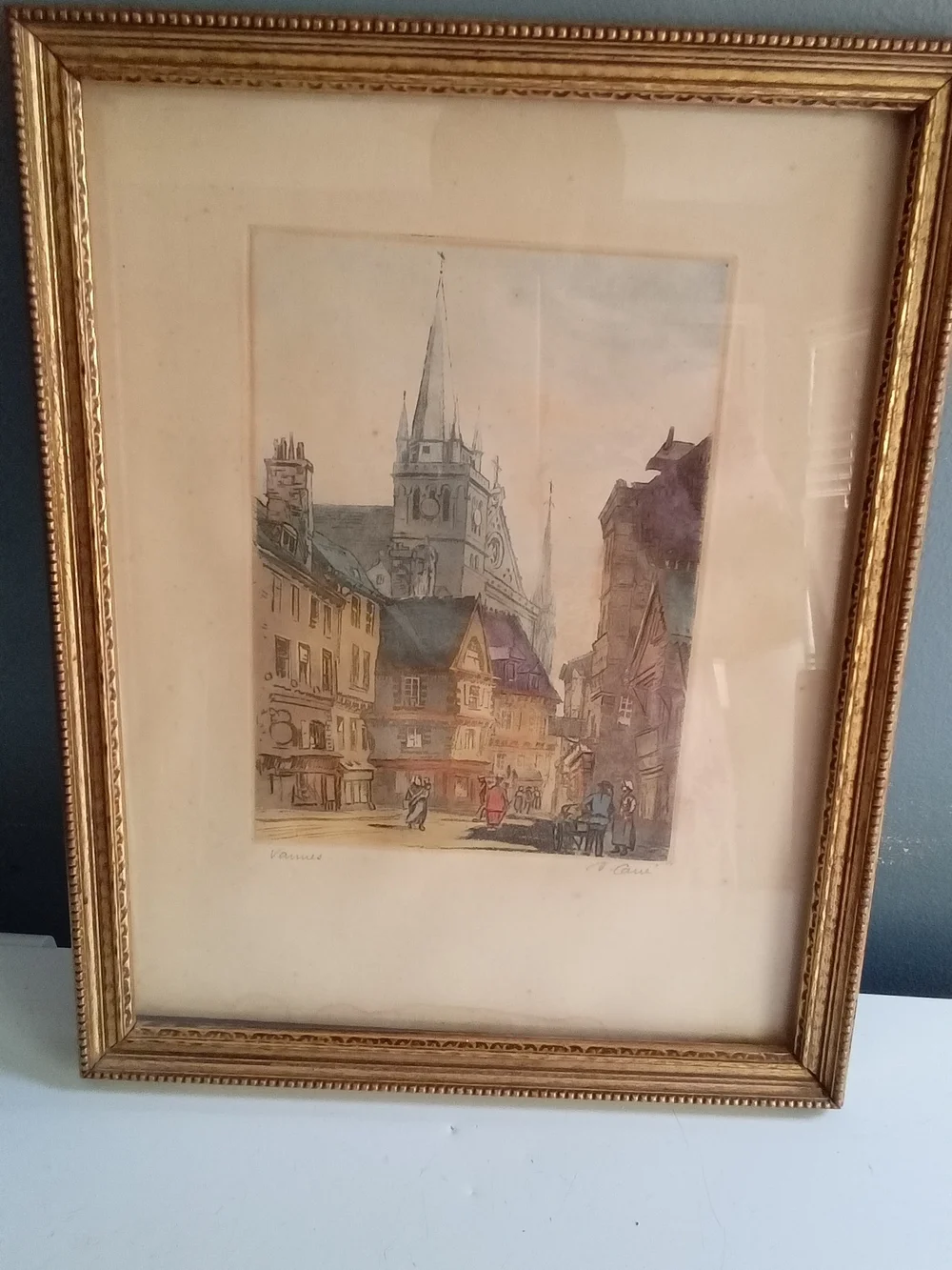 Vintage Vannes France City Street Etching Signed H. Carre Gold Framed Art